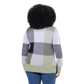 Ulla Popken Women's Plaid Print Stand Collar Long Sleeve Pullover, sage green