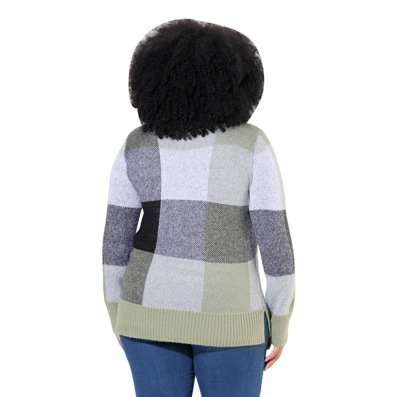 Ulla Popken Women's Plaid Print Stand Collar Long Sleeve Pullover,