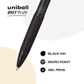 Uniball 207+ Black Retractable Gel Pens 2 Pack with Micro 0.5mm Points, Uni-Ball Click Pens are Fraud Proof and the Best Office Pens, Nursing Pens, Business Pens, School Pens, and Bible Pens