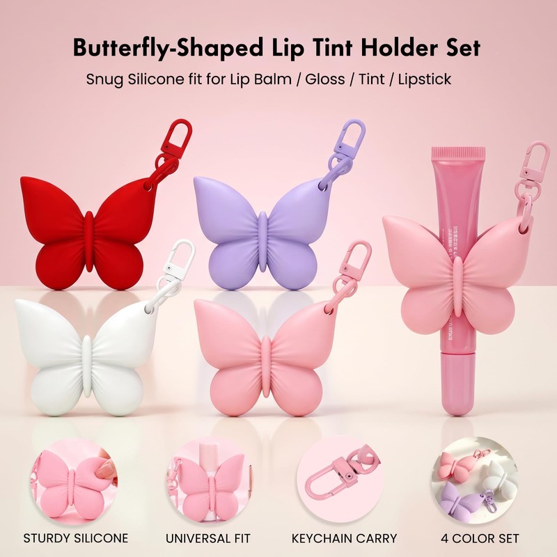 4PCS Butterfly Silicone Lipstick Holder Keychain, Fit Lip Balm/Lip Tint
