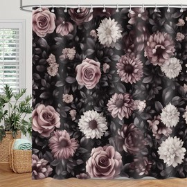 Black Floral Shower Curtain for Bathroom, Boho Dark Rose Blossom Flower Gothic Vintage Leaves Spring Wildflower Bathroom Decor Set, Waterproof Polyester Fabric Bath Curtain with Hooks 72x72 Inch