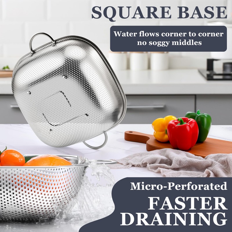 E-far 3 Pack Colander for Kitchen, Square Stainless Steel Metal