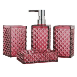 Bathroom Accessories Set 4 Pcs, Acrylic Accessory Sets Complete,Lotion Dispenser,Soap Dish,Toothbrush Holder, Toothbrush Cup,Bathroom Decor Set (Fuchsia)