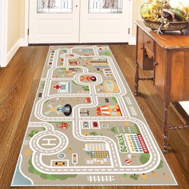 Kids Car Train Rug, 2'7" x 9'10" Boys Play Carpet, Floor Mat Playmat for Playroom Bedroom Kids Toddler Room，Non Slip Rug Backing (Grey, 2'7" x 9'10")