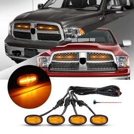 4 Pcs Led Grill Lights Compatible with 2013-2018 RAM 1500 & 2019-2024 RAM 1500 Classic- LED Front Grille Lights Accessories with Fuse and Harness (Amber)
