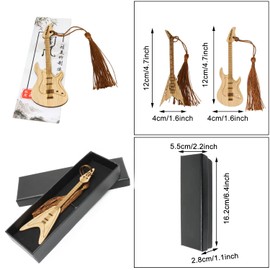 yueton 6PCS Creative Vintage Style Bookmarks Guitar Bass Musical Instruments Bamboo Bookmark with Beautiful Tassels for Office, School, Home, Library and Bookstore Use - with a Gift Box