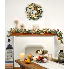 Fall Garland with Lights- 6ft Artificial Pumpkin Autumn Garland Decoration for Wedding Party Thanksgiving Dinner Fireplace Door Frame Doorway Backdrop Decor