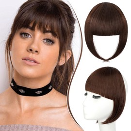 Bangs Hair Clip in Bangs Fake Hair Bangs Synthetic Fringe with Temples Hairpieces for Women Clip on Flat Neat Bangs Hair Extension for Daily Wear Medium Brown