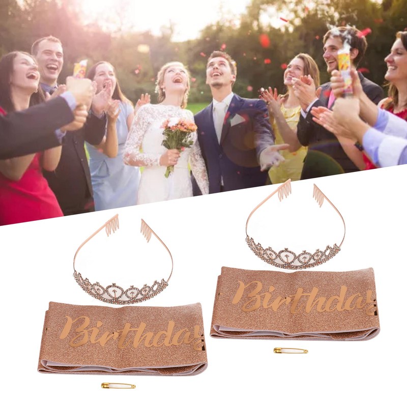 2 Sets Bridal Sash Rhinestone Tiara Kit Shiny Rose Gold