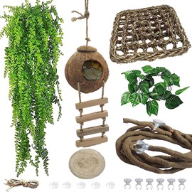 MUYG 6PCS Crested Gecko Coconut Hut, Lizard Coco Den with Ladder and Reptile Hammock Bearded Dragon Tank Accessories Climbing Hanging Plants Jungle Vine Flexible Reptile Leaves Decor