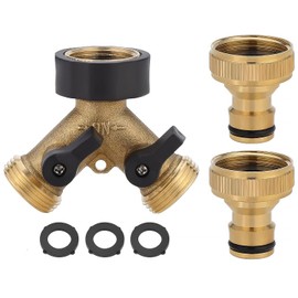3/4'' Brass Manifold Tap Adaptor, 2 Way Brass Tap Garden Hose Splitter with Two Quick Connector, Irrigation Hose Outside Tap Adaptor, Connectors-Two Way Brass Tap with Individual On/Off Valves