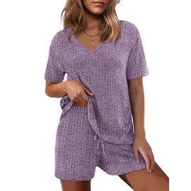 Ekouaer Womens 2 Piece Lounge Sets Summer Two Piece Outfits Ribbed Knit V Neck Short Sleeve Tee and Pockets Shorts Sets