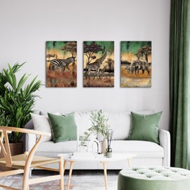 NutArtPic 3 Pieces Safari Animals Canvas Wall Art African Wildlife Prints Fall Animals Family Mom And Baby Pictures Wild Elephant Giraffe Zebra Artwork For Home Office Decor 24"X16" (Medium)
