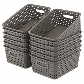 WYT 12-Pack Plastic Small Shelf Storage Weave Baskets for Organizing, Grey