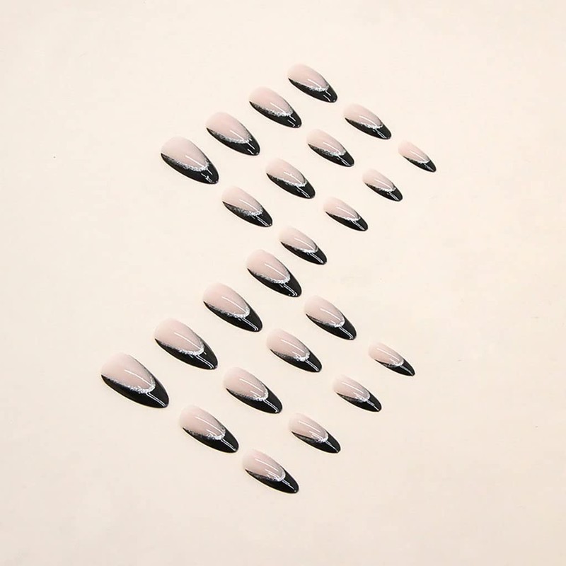 RikView Almond Press Long Acrylic Nails - French Tips, Black,