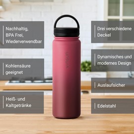 Vinsun Stainless Steel Drinking Bottle 500 ml Red – Leak-Proof, Suitable for Carbonated Drinks, BPA-Free – 3 Lids – Thermos Flask for Sports, Outdoors, School, Univers
