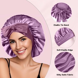 2Pcs Silk Hair Satin Bonnet for Sleeping Women,Large Satin Sleep Bonnets for Women with Elastic Tie Band Silk Hair Wrap with Ajustable Straps,Night Sleep Cap for Curly Braids,Black+Purple