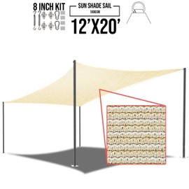 E&K Sunrise 12' x 20' Beige Rectangle Curve Edge Sun Shade Sail with Stainless Steel Hardware Kit Outdoor Shade Cloth UV Block Fabric,Curve Edge-Customized