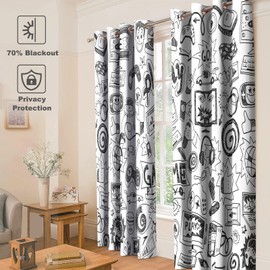 Jekeno Video Games Blackout Curtains - Blocking Window Drapes Sketch Art Computer Gamepad Sports Rocket Teen 90's Decor Home Bedroom Living Room Grommet Window Drapes 2 Panel Set, 52" x 63"