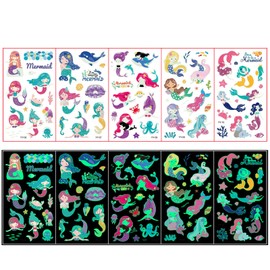 NETFEN Luminous Mermaid Temporary Tattoos Waterproof Fake Tattoos Stickers for Kids Children Boys Girls Beach Pool Party Gifts Bag Fillers Birthday Party Favour Supplies School Prizes Rewards (110PCS)