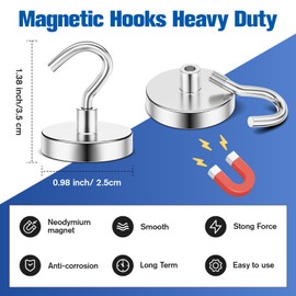 Grtard 55 LBS Magnetic Hooks Heavy Duty, 6 Pack Neodymium Magnet Hooks for Cruise Cabin, Strong Magnetic Hooks for Hanging, Magnets with Hooks for Home, Kitchen, Workplace, Bathroom(Silver)