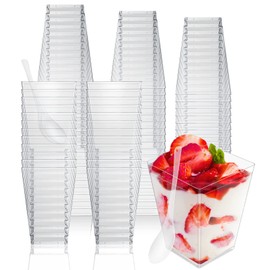 Cptoion 100 Pack 5 oz Dessert Cups with Spoons,Plastic Dessert Cups,Clear Square Parfait Cups,Mini Appetizer Cups,Shooter Cups for Party Desserts,Pudding Fruit and Ice Cream