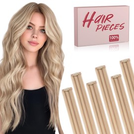 TESS Clip in Hair Extensions Human Hair with Single Clip Lace Weft Straight Highlight Add Volume 6 Pcs 6 Clips, 14 Inch, Flax Yellow Mixed Light Gold