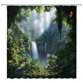 Nature Forest Shower Curtain Waterfall Green Tropical Rainforest Jungle Parrot Mountain Natural Scenery Landscape Bathroom Fabric Curtain with Hooks,70x70 Inches,Green