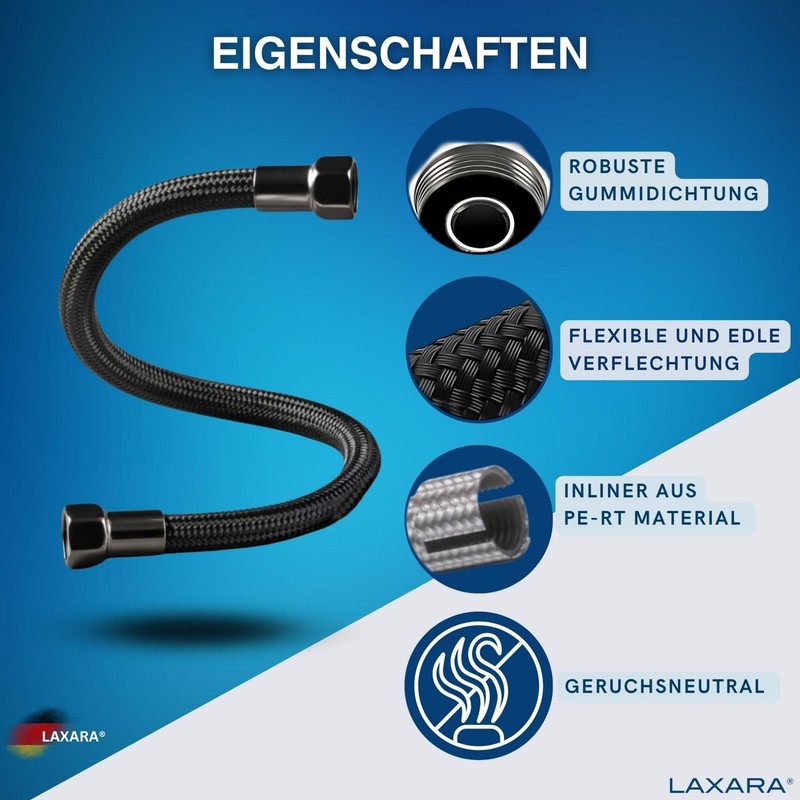 LAXARA DVGW Premium Coloured Flex Hose Black and White 3/8