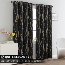 Yakamok Blackout Curtains for Livingroom - Wave Line with Dots Gold Print Design Noise Reducing Thermal Insulated Solid Ring Top Blackout Window Drapes for Livingroom (2 Panels, 52 x 95 Inch, Black)