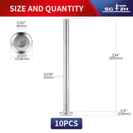 M6 x 100mm 10Pcs Flat Head Hex Socket Cap Screws Bolts, 304 Stainless Steel 18-8, Partially Threaded by SG TZH (with Hex Spanner)