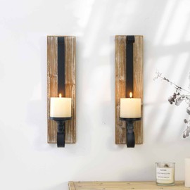 Wall Sconce Candle Holder (Set of 2) Black Wall-Mount Metal and Wooden Candle Holders Hanging Iron Wall Candle Sconce Holder for Living Room, Bathroom, Dining Room