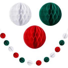 Suncalla 9.8ft Christmas Honeycomb Ball Garland Decorations Red Green White Hanging Decorations Pre Strung Paper Pom Poms Banner for Xmas Party Wreath Tree Fence Fireplace Birthday Home Wall Decor