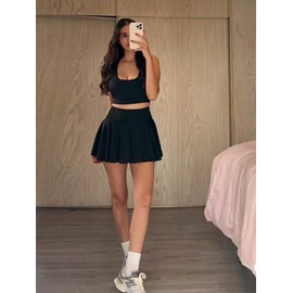 Women's High Waisted Tennis Skorts Stretchy Athletic Casual Skater Mini Skirt with Built-in Shorts (Black,S)