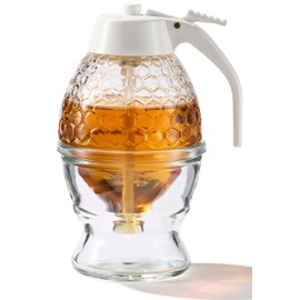 PAULSWAY Not Chromed Glass Honey Dispenser, Food-Grade ABS White Lid – No Drip Glass with Stand – 8 oz Honey Jar – Honeycomb Design Container – Honey Pot for Honey, Maple Syrup