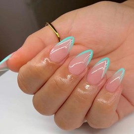 YoYoee Almond Short Press on Nails-Cute Fake Nails Acrylic French False Nails Full Cover Nails Green Nails Tips for Women and Girls 24Pcs