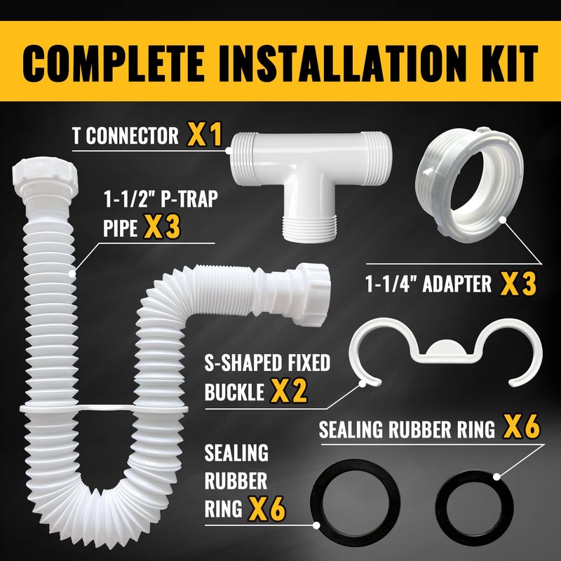VIVIDA Double Sink Drain Kit, 1-1/2" Flexible Sink P Trap,