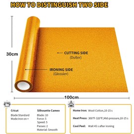 30cm x 100cm Sequins Iron On Vinyl Film Sheet Thermal Transfer Silhouette Portrait Clothes DIY (Gold)