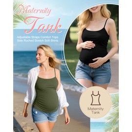 Ficerd 3 Pack Women's Maternity Tank Top Cotton Camisole with Adjustable Straps Comfort Tops Side Ruched Stretch Soft Shirts(Army Green, Light Gray, Black,Large)