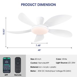 PHORUS 48" White Ceiling Fan with Lights and Remote/APP, Low Profile with Quiet Reversible DC Motor, Dimmable 3 Colors 6 Speeds, Modern LED Indoor/Outdoor Patio Fan