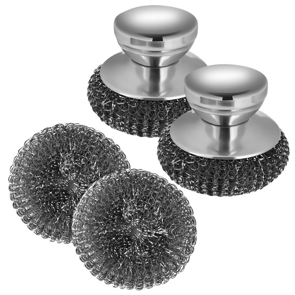 2Pcs Steel Wool Scrubber with 2 Replacement Wool Pads, Metal