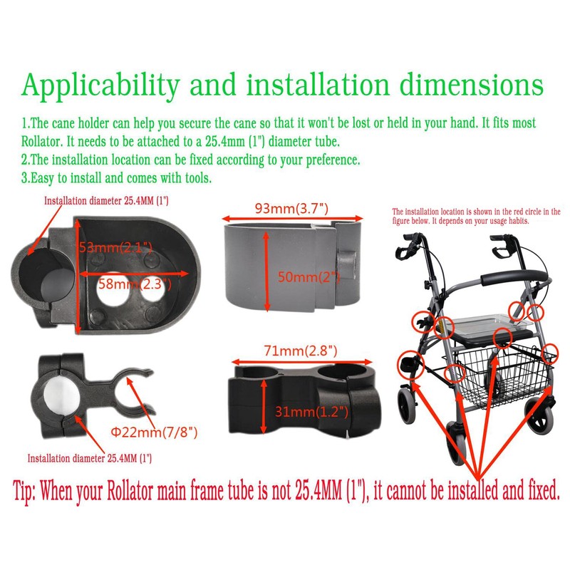 Cane Holder for Rollator or Walker 6 Piece Set, Extended