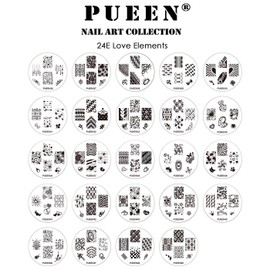 PUEEN Nail Art Stamp Collection Set 24E - LOVE ELEMENTS - NEW Unique Set of 24 Nailart Polish Stamping Manicure Image Plates Accessories Kit (Totaling 144 Images) with BONUS Storage Case-BH000018