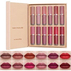 BAISEN DIARY Set De Regalo Navideño De 12 Labiales Líquidos Mate Aterciopelados Estilo Libro. Larga Duración, No Se Transfiere, No Se Desvanece. Brillo De Labios Nude Con Destellos. Set De Labios "Gra