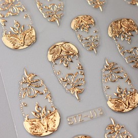 4 Sheets Gold Nail Art Stickers 5D Embossed Flower Nail Decals Metallic Totem Leaves Floral Nails Design Manicure Sliders Self Adhesive French Retro Golden Foil Nail Art Supplies for Women DIY Nail