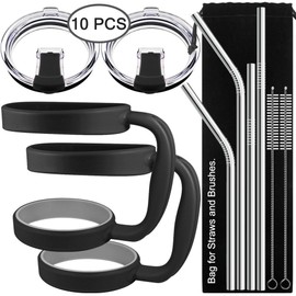 10 Pieces 20oz Tumbler Holders Handles + Tumbler Lids + Stainless Steel Straws + Cleaning Brushes, SourceTon Accessories Kit Compatible with Yeti Rambler Rtic(Old Style only) Ozark Trail Berg SIC