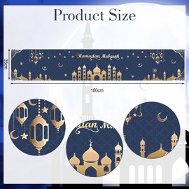 Ramadan Eid Mubarak Table Runner, Blue Gold Ramadan Mubarak Star Moon Table Linen, Linen Ramadan Mosque Table Decorations, Happy Ramadan Mubarak Tablecloth Decoration for Islamic Holidays