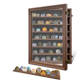 7 Rows Challenge Coin Wall Display with HD Tempered Glass- Holds 100 Coins, Wooden Shadow Box Military Awards Display Case with Removable Shelves, Poker Chip Coins Holder for Collector, Rustic Brown