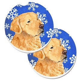 Caroline's Treasures Golden Retriever Winter Snowflakes Holiday Set of 2 Cup Holder Car Coasters SS4614CARC, 2.56, Multicolor