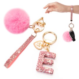 Bling keychains for Women Initial Letter Keychain Pom Pom Rhinestone Sparkly Cute Key Chains Backpack Bag Purse Charm Car Accessories Wristlet (E keychain pink)